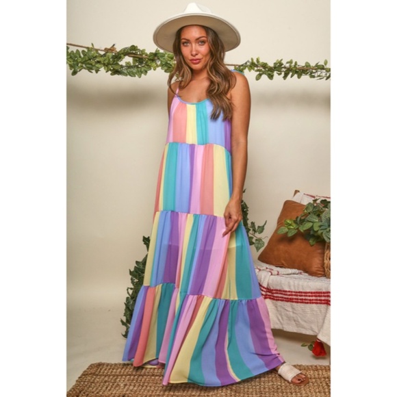 CLEARANCE Rainbow Colorful Multi Bright Striped Tiered Tie Shoulder Maxi Dress - Picture 6 of 8